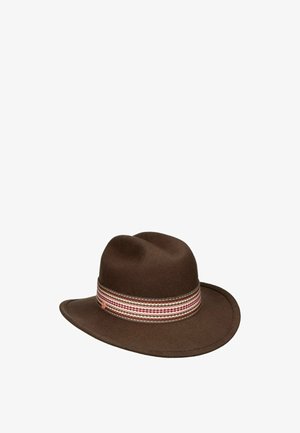 Brown felt wide-brimmed hat with a striped band in shades of pink, beige, and brown encircling the crown.