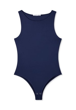 Body blu navy con scollatura rotonda, design senza maniche e chiusure a scatto nella parte inferiore. Tessuto liscio ed elastico con una forma aderente.