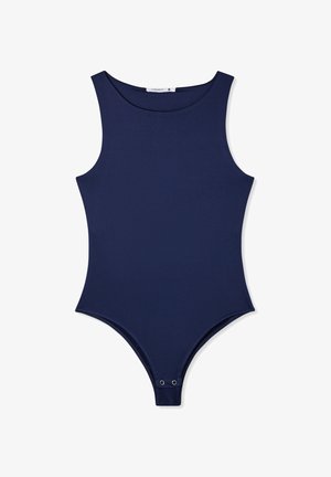 Body blu navy con scollatura rotonda, design senza maniche e chiusure a scatto nella parte inferiore. Tessuto liscio ed elastico con una forma aderente.