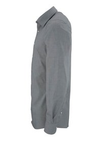 Grau langärmliges Hemd mit knöpfbarem Frontbereich, spitzem Kragen und strukturiertem Stoff. Verfügt über Nähte und Knopfakzente an den Manschetten.