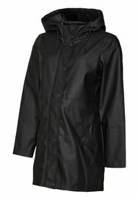 Zwarte waterdichte regenjas met capuchon, drukknoopsluiting, een voorkennis en een gladde, glanzende textuur. Voorzien van een trekkoord op de capuchon.