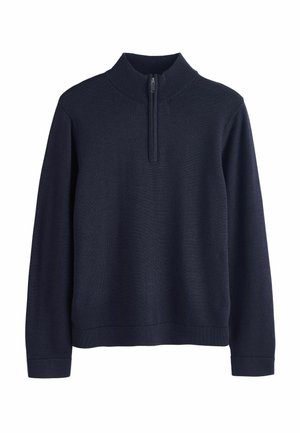 Navy blue long-sleeve pullover sweater with a ribbed mock neck and a centered front quarter-zip closure.