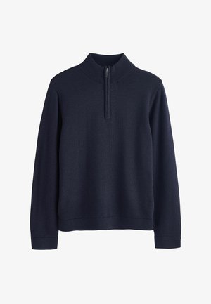 Tumši zils garām piedurknēm puloveris ar ribotu apkakli un priekšpusē centrētu ceturtdaļas rāvējslēdzēju.