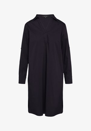 Schwarzes, langärmeliges Hemdkleid mit Kragen, V-Ausschnitt, seitlichen Schlitzen und einem entspannten Schnitt aus leichtem Stoff.