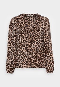 Blus dengan motif leopard terbuat dari kain ringan. Memiliki leher berkerut, lengan panjang, dan pinggang peplum untuk siluet yang terstruktur.