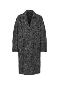 Gray houndstooth coat made of textured fabric, featuring a notched collar, long sleeves, front buttons, and side pockets.