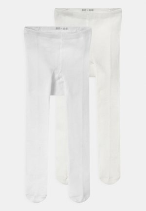 Deux paires de collants : une en blanc éclatant et une en blanc cassé, présentant une texture lisse et une taille élastique.