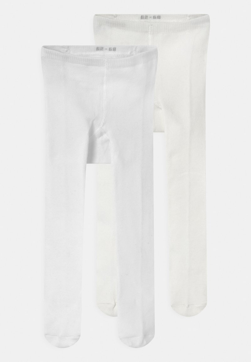 Dois pares de collants: um em branco brilhante e outro em branco sujo, com uma textura suave e cintura elástica.