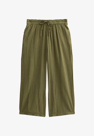 Olive green wide-leg pants made of textured fabric, featuring an elastic waistband and adjustable drawstring for a comfortable fit.