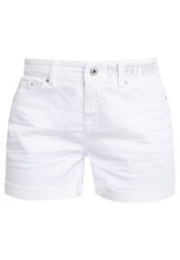 Vita denimshorts med knappstängning, framfickor och broderad text "DESERT VIBES" på midjan. Slätt material och skräddarsydd passform.