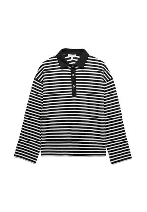 Polo à manches longues rayé horizontal noir et blanc avec col noir et patte de boutonnage.