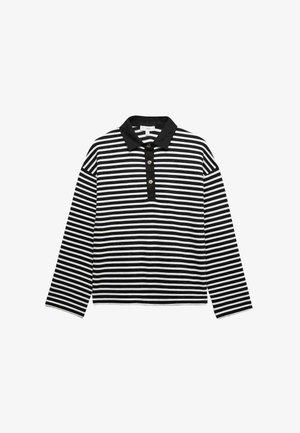 Sort-hvid, vandretstribet, langærmet polo med sort krave og knapstolpe.
