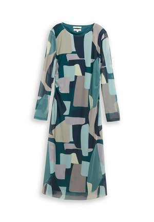 Haljina srednje duljine s dugim rukavima, s apstraktnim geometrijskim blokovima boja u nijansama zeleno-plave, plave, sive i bež na prozirnoj tkanini.