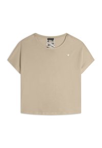T-shirt in cotone beige con maniche corte, colletto rotondo e un piccolo logo sul lato sinistro del petto. Tessuto morbido e liscio, vestibilità rilassata.