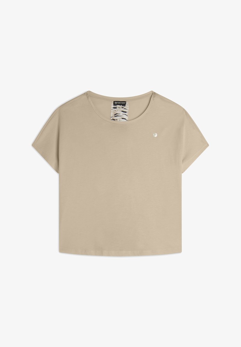 T-shirt in cotone beige con maniche corte, colletto rotondo e un piccolo logo sul lato sinistro del petto. Tessuto morbido e liscio, vestibilità rilassata.