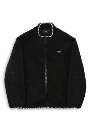 Schwarze, flauschige Kapuzenjacke mit Reißverschluss und Vans-Logo auf der Brust sowie schwarz-weiß kariertem Besatz am Kragen, Reißverschluss und Saum.