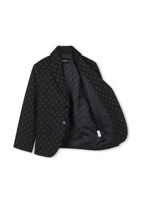 Blazer noir avec un motif géométrique subtil, fermeture à un bouton, et deux poches avant. L'intérieur doublé présente une texture rayée.