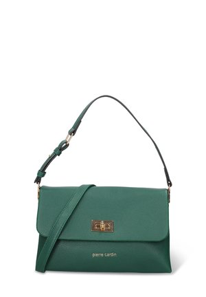Sac à épaule en cuir vert avec fermeture à loquet tournant dorée et bandoulière ajustable, marqué "pierre cardin" sur le devant.