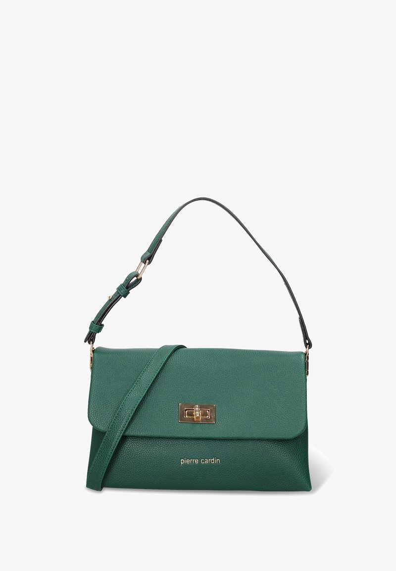 Borsa a spalla in pelle verde con chiusura a giro oro e tracolla regolabile, con marchio "pierre cardin" sulla parte anteriore.