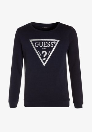 Navy sweatshirt made of soft fabric with a crew neck, featuring a silver triangle logo with "GUESS" and a question mark in the center.