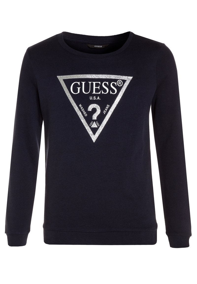 Felpa navy in tessuto morbido con colletto a girocollo, caratterizzata da un logo a triangolo argentato con "GUESS" e un punto interrogativo al centro.