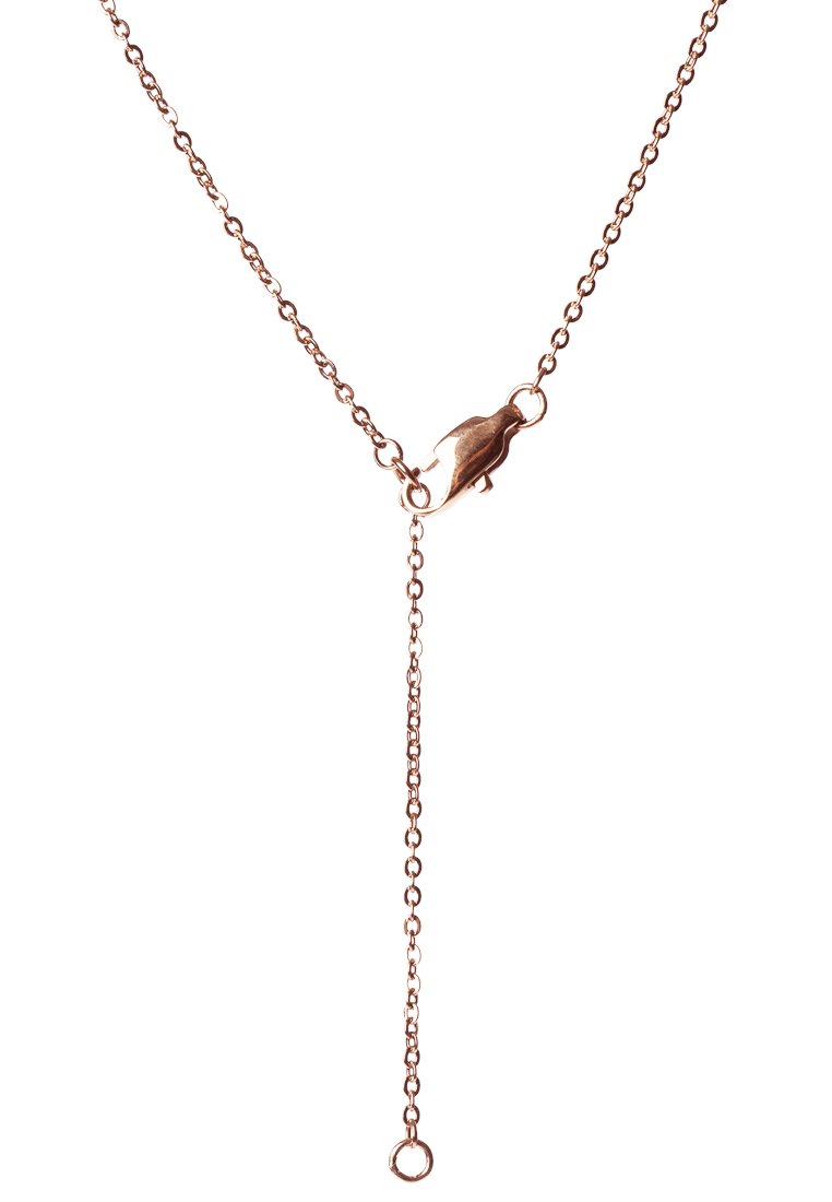 Collana in oro rosa con una catena sottile, caratterizzata da un design a forma di Y, un gancio che ricorda una foglia stilizzata e un segmento di catena allungato.
