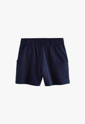 Shorts atletici de culoare albastru marin, confecționați dintr-un material moale și elastic. Dispune de un brâu elastic și două buzunare laterale. Textură netedă, simplă.