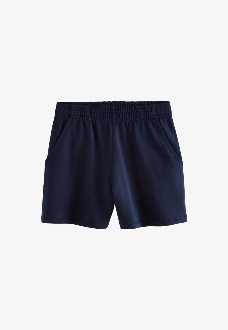 Shorts de sport bleu marine fabriqués à partir d'un tissu doux et extensible. Dotés d'une taille élastique et de deux poches latérales. Texture lisse et unie.