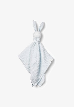 Blød baby-tryghedsgenstand med en sart blå stofkrop og et stoppet kaninhoved med lange ører og butterfly.