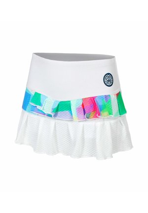 Weißer plissierter Sportrock mit einem bunten, gerafften Band in Pastellblau, Grün, Pink und Lila, mit kleinem rundem Logo.