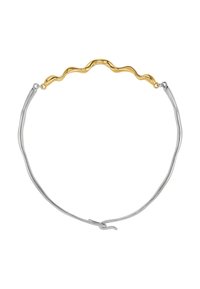 Guld- og sølvmetal halskæde med et bølget, tekstureret design. Kæden har en glat, poleret finish med en unik låse detalje.