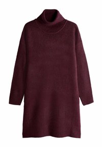 Bordó rolákový svetr s měkkou texturou, dlouhými rukávy a volným střihem. Má žebrované detaily na krku a lemu.