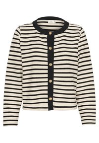 Cardigan cu dungi în negru și crem, având un guler rotund, mâneci lungi și închideri cu nasturi aurii pe față. Textură moale.