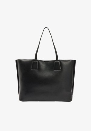 Czarna skórzana torba typu tote o ustrukturyzowanym kształcie, z dwoma górnymi uchwytami i subtelnymi detalami szwów. Gładka faktura, brak widocznych elementów metalowych lub zdobień.