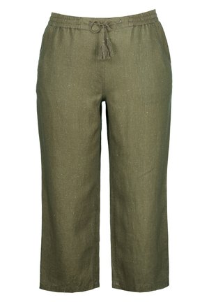 Olivenfarbene, leichte Leinenhosen mit einem elastischen Bund und Kordelzug, die eine lockere Passform und eine subtile Textur aufweisen.