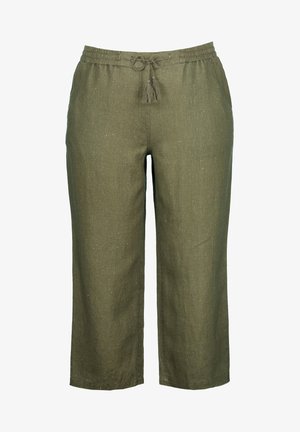 Oliwkowe, lekkie spodnie lniane z elastycznym pasem i sznurkiem, o luźnym kroju i subtelnej teksturze.