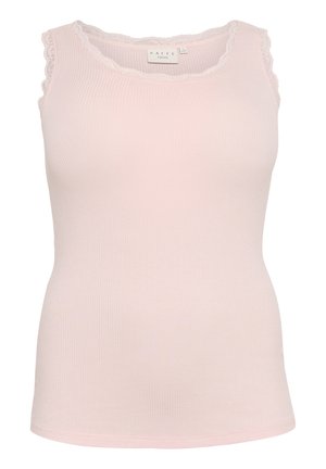 Top de tirantes de color rosa claro con un escote de encaje en forma de ondas. Diseño sin mangas, textura suave y silueta ajustada.