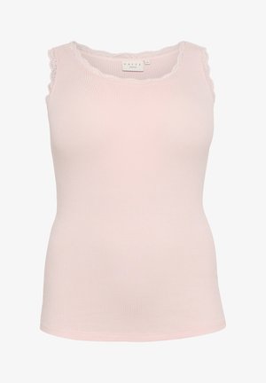 Lichtroze geribde tanktop met een gegolfde kanten halslijn. Mouwloos ontwerp, zachte textuur en een aansluitende silhoeet.