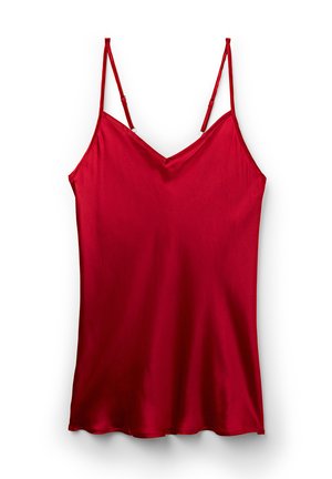 Rode satijnen camisole met dunne verstelbare bandjes, V-hals ontwerp, gladde textuur en een losse pasvorm, met een iets gebogen zoom.