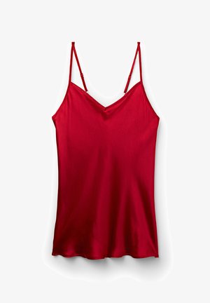 Rød satin camisole med tynde justerbare stropper, v-halsdesign, glat tekstur og løs pasform, der har en let buet kant.