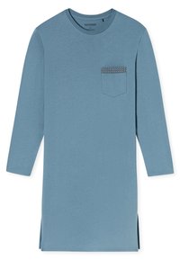 Chemise à manches longues bleu clair avec col rond, poche poitrine à motif à carreaux, et fentes latérales à l'ourlet pour un détail supplémentaire.