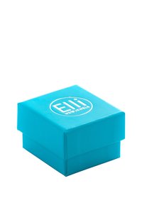 Tyrkis gaveæske med et afrundet logo på toppen, lavet af glat papir. Æsken har et enkelt, firkantet design med et låg.