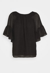 Blusa nera con una vestibilità ampia, maniche corte con volant, tessuto texturizzato con righe verticali e un ampio scollo.