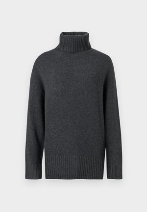 Dunkelgrauer Rollkragenpullover aus Strickstoff, mit einem gerippten Kragen und Saum, locker sitzenden Ärmeln und schlichter Gestaltung.