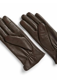 Guanti in pelle marrone con una texture liscia, dotati di dita aderenti, dettaglio arricciato sul polso e design senza cuciture.