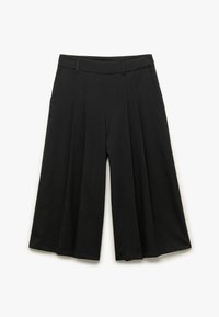 Pantalones de pierna ancha negros, hechos de una tela ligera, con una cintura alta, pliegues y bolsillos laterales para mayor funcionalidad.