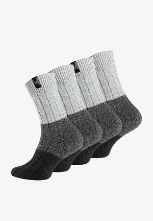 Gray and black ribbed socks in a pack of four. Features a smooth texture with a reinforced toe and logo tag near the top.