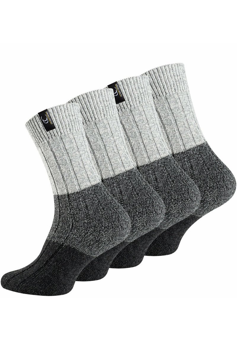 Calze a righe grigie e nere in confezione da quattro. Presentano una texture liscia con una punta rinforzata e un'etichetta con il logo vicino alla parte superiore.