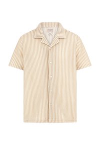 Short-sleeve button-up shirt in cream and beige striped pattern, featuring a collar and small front buttons. Made of lightweight fabric.