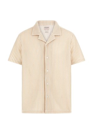 Short-sleeve button-up shirt in cream and beige striped pattern, featuring a collar and small front buttons. Made of lightweight fabric.